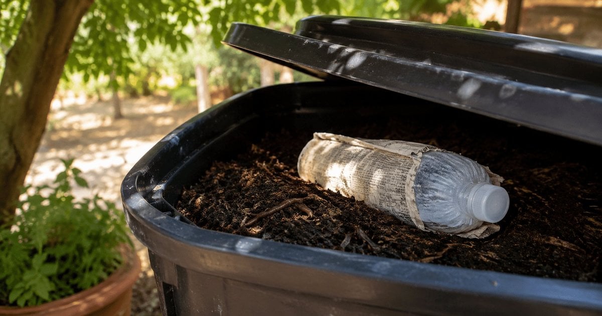 omposting worm bin kept cool in summer shade with a frozen water bottle on the bedding