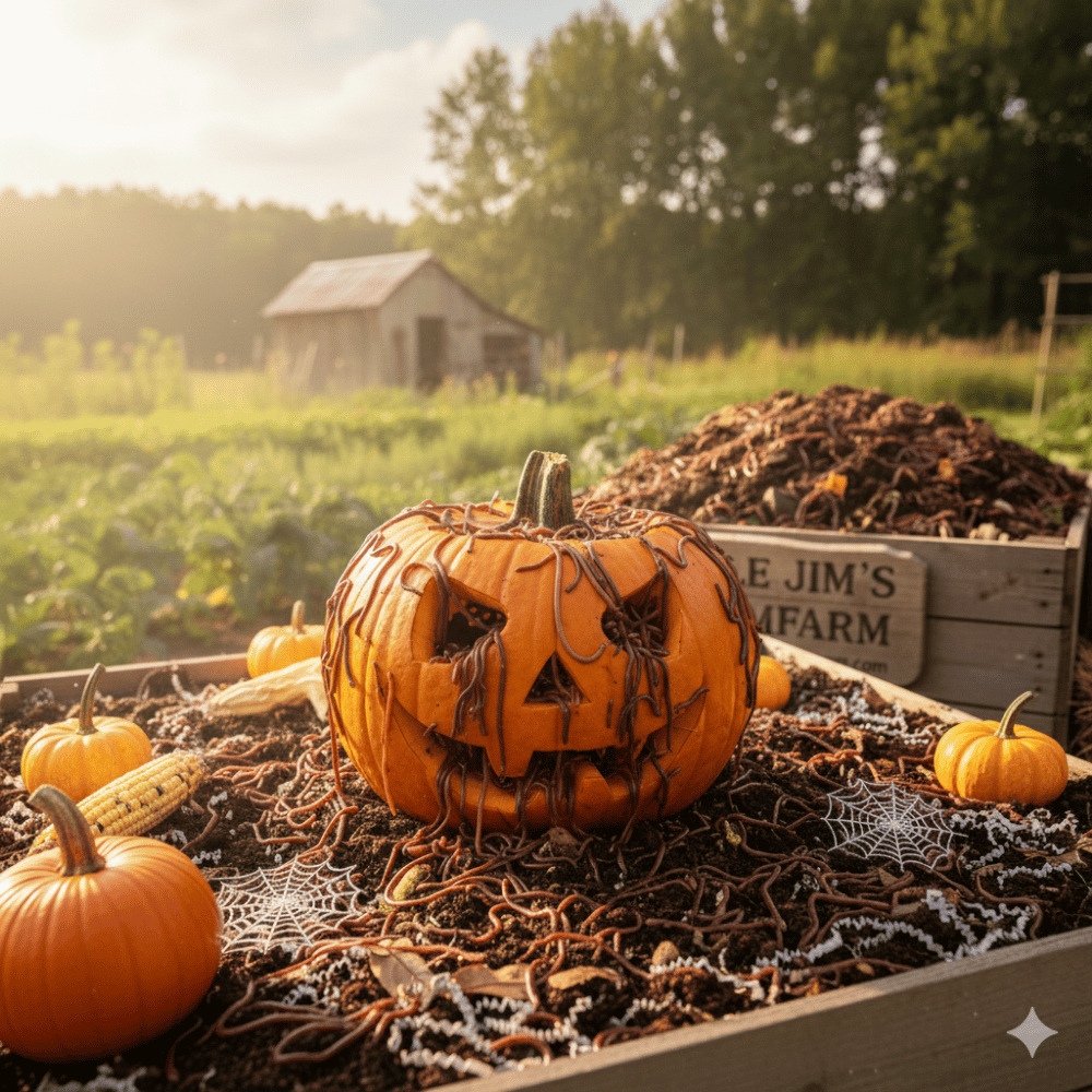Red wigglers composting shredded pumpkin in a worm bin after Halloween.
