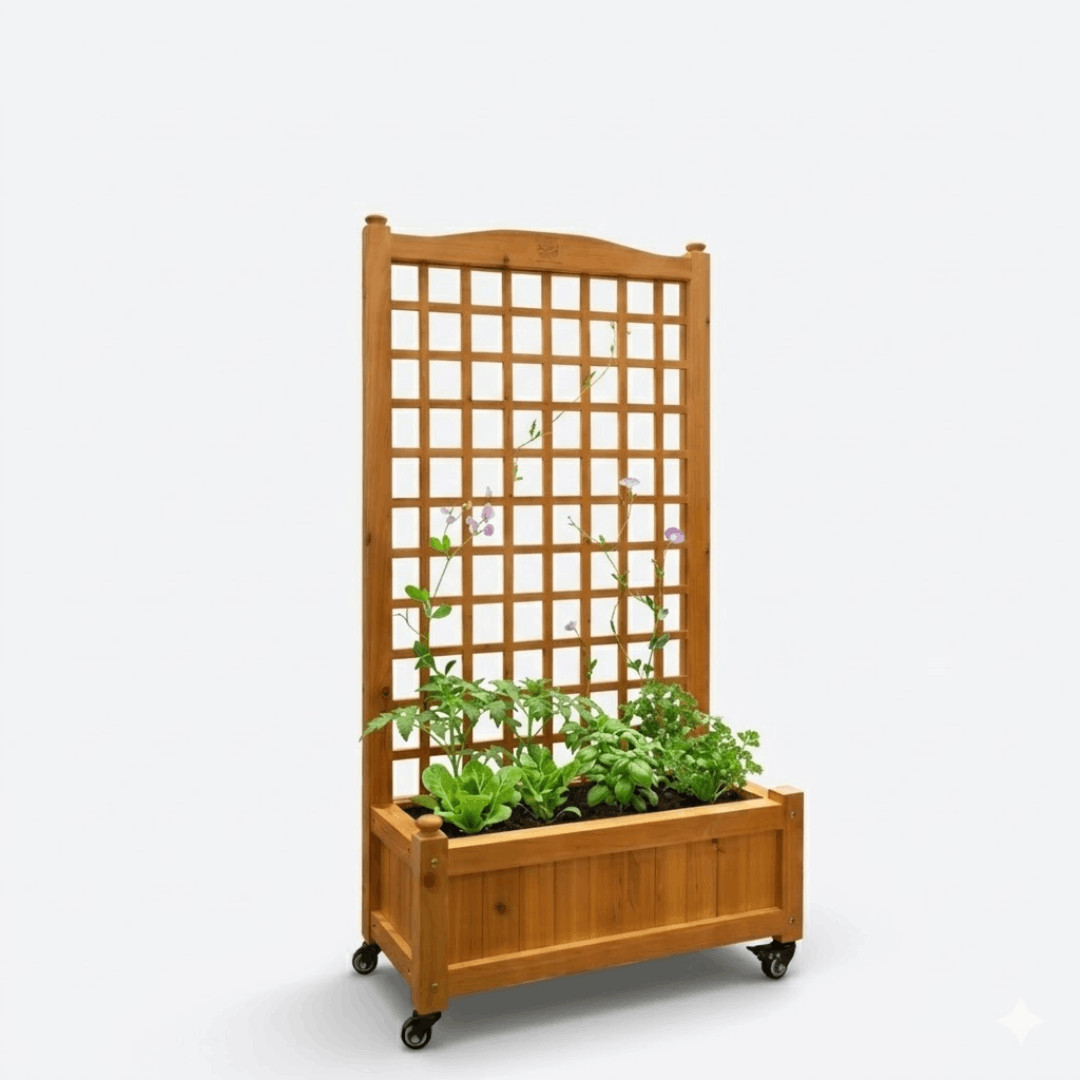 Uncle Jim's Worm Farm Raised Wooden Garden Bed with Trellis and Wheels.