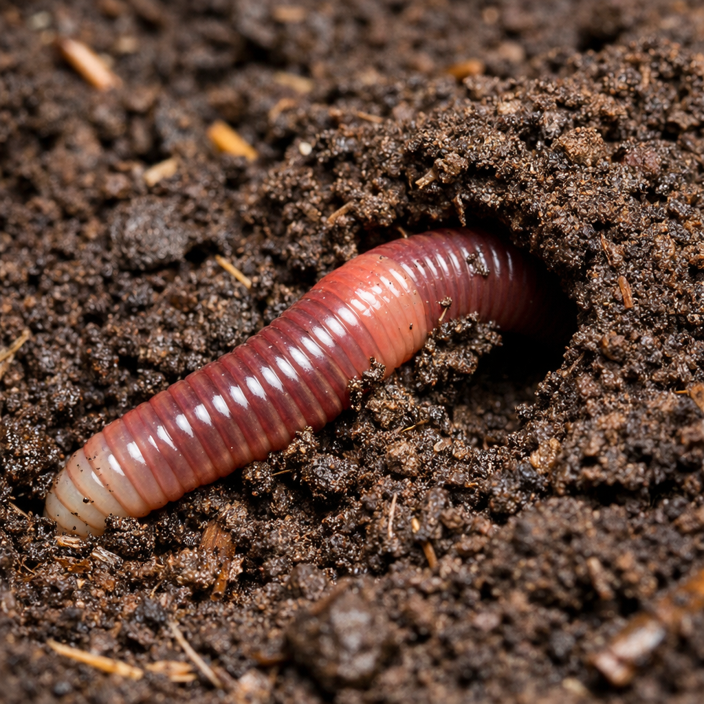 european nightcrawler in soil burrowing for aeration and temperature protection