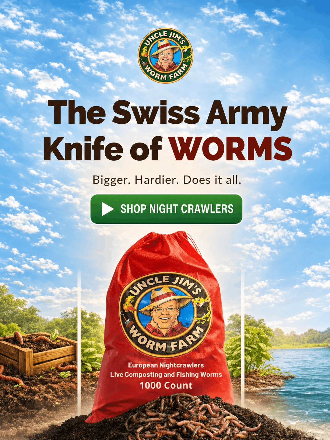 The Swiss Army Knife of Worms 1000 count European Nightcrawlers graphic