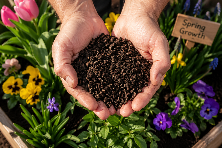 Gardener holding rich dark vermicompost worm castings over a spring garden bed