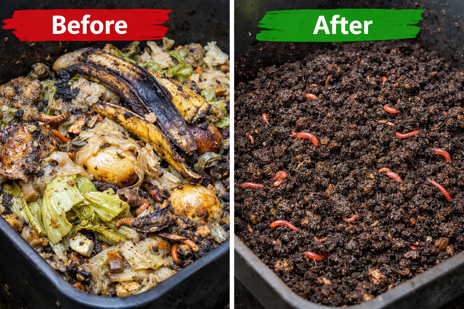 Worm bin before and after showing uneaten food scraps vs healthy compost with active worms