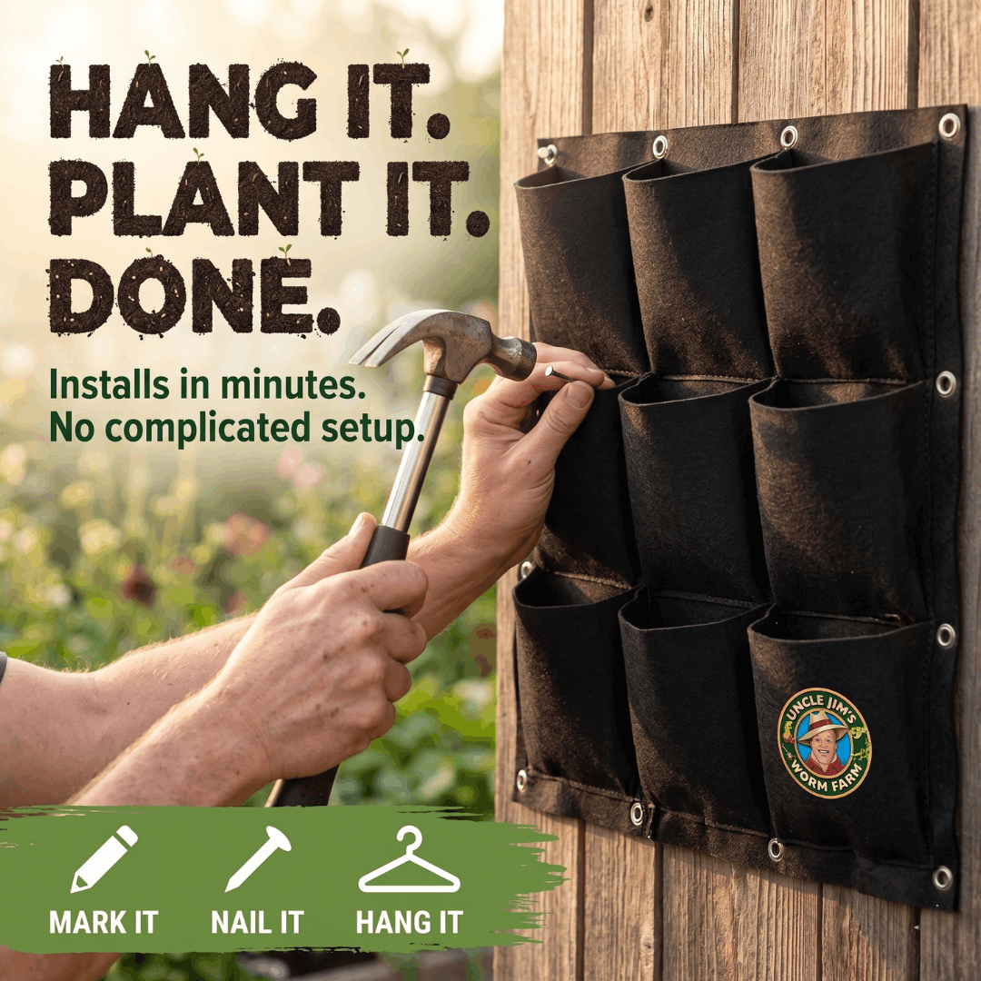 Installing Uncle Jim's 9-pocket vertical wall planter on a wooden fence