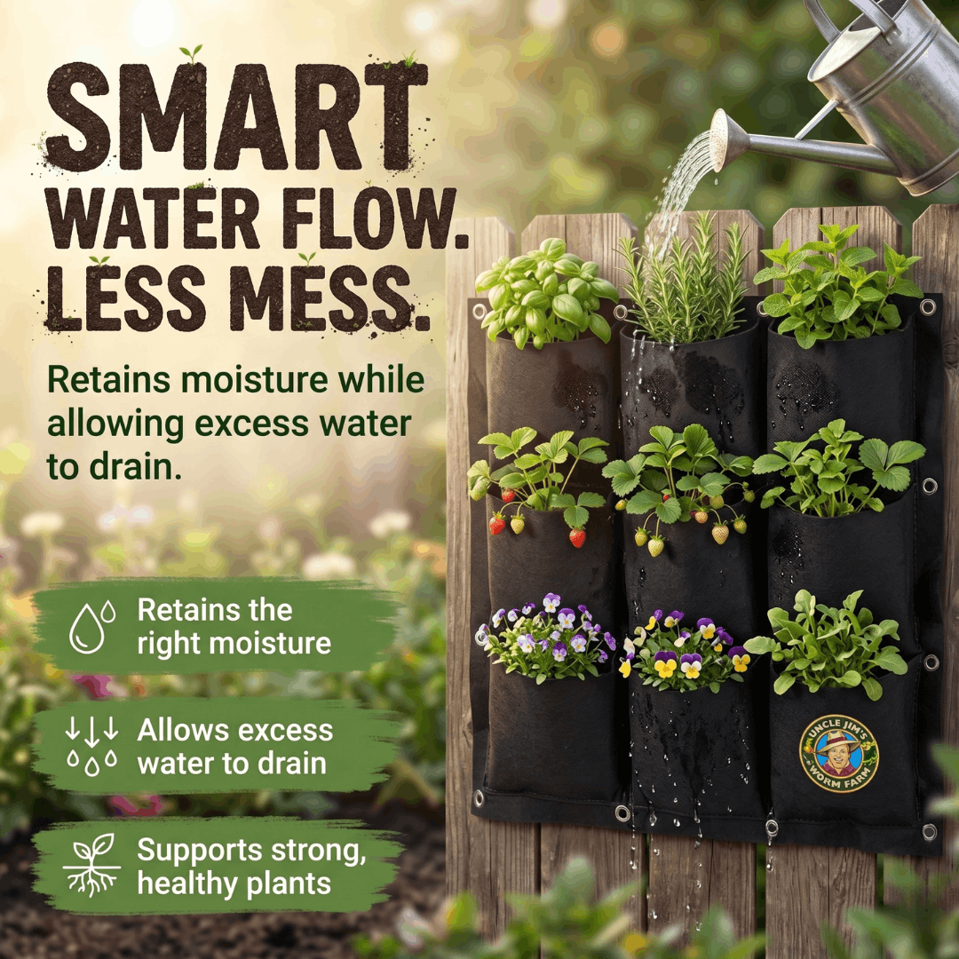 Watering the 9-pocket vertical wall planter filled with herbs, strawberries, and flowers
