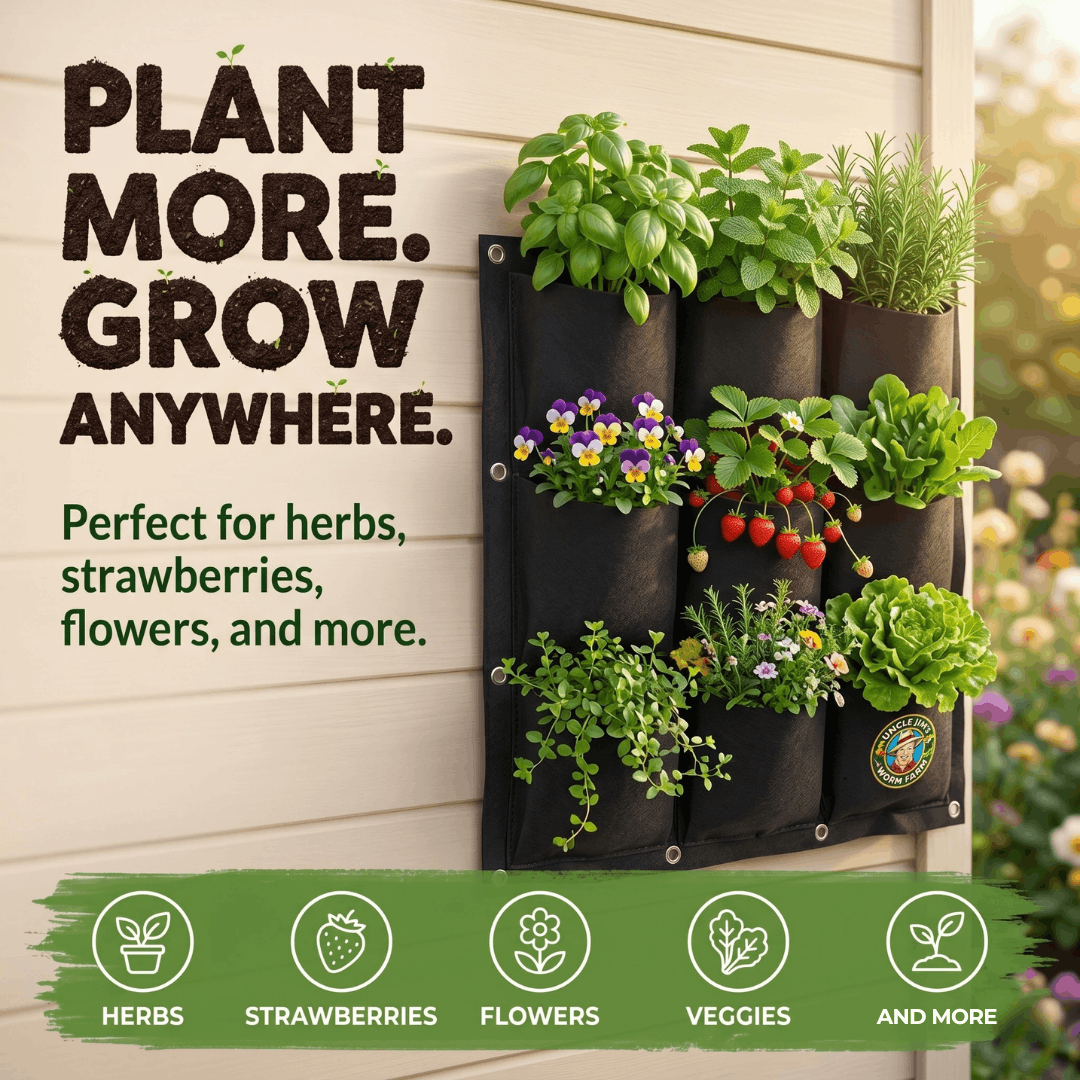 Uncle Jim's 9-pocket vertical wall planter filled with herbs, strawberries, flowers, greens, and compact plants