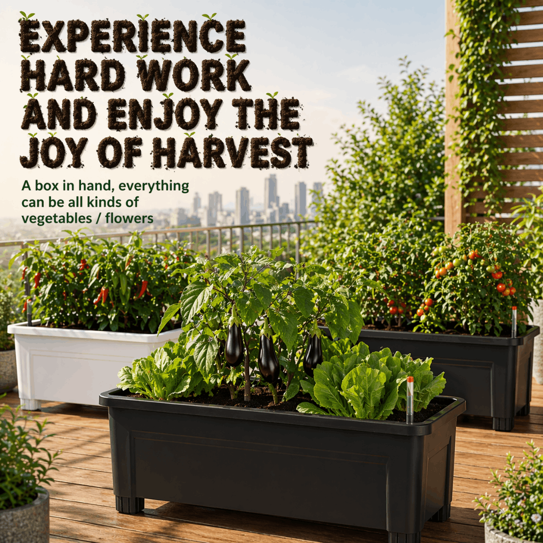 Self-watering planter boxes with vegetables and flowers on a balcony garden
