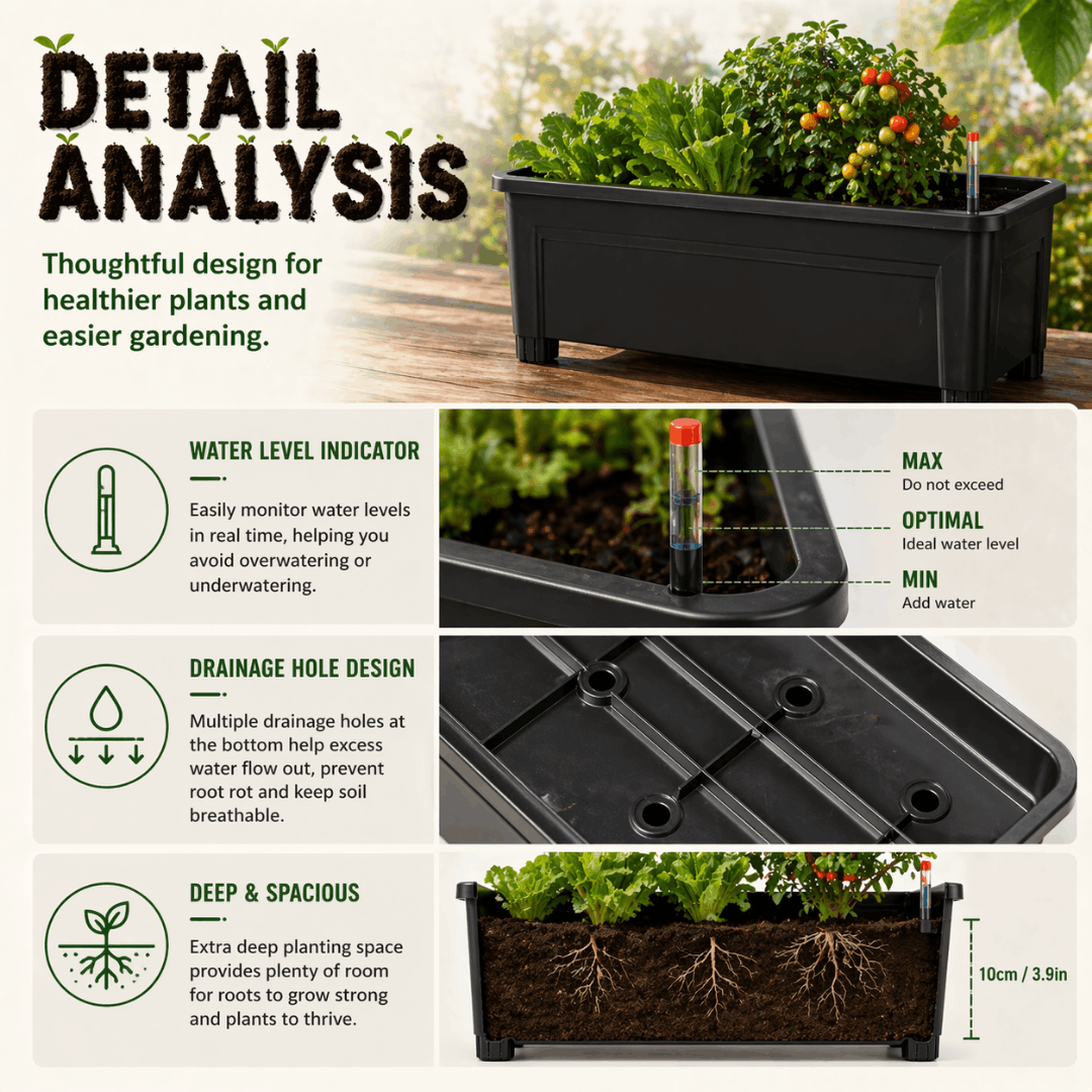 Self-watering planter details showing water-level indicator, drainage holes, and roomy planting area