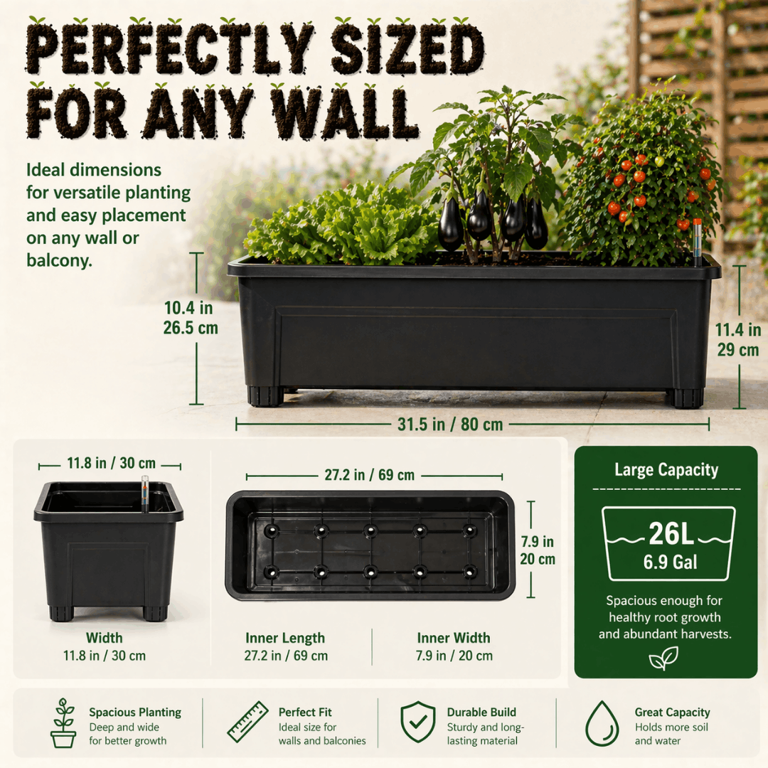 Self-watering patio planter dimensions showing approximately 31.5 inches long, 11.8 inches wide, and 6.9 gallon capacity