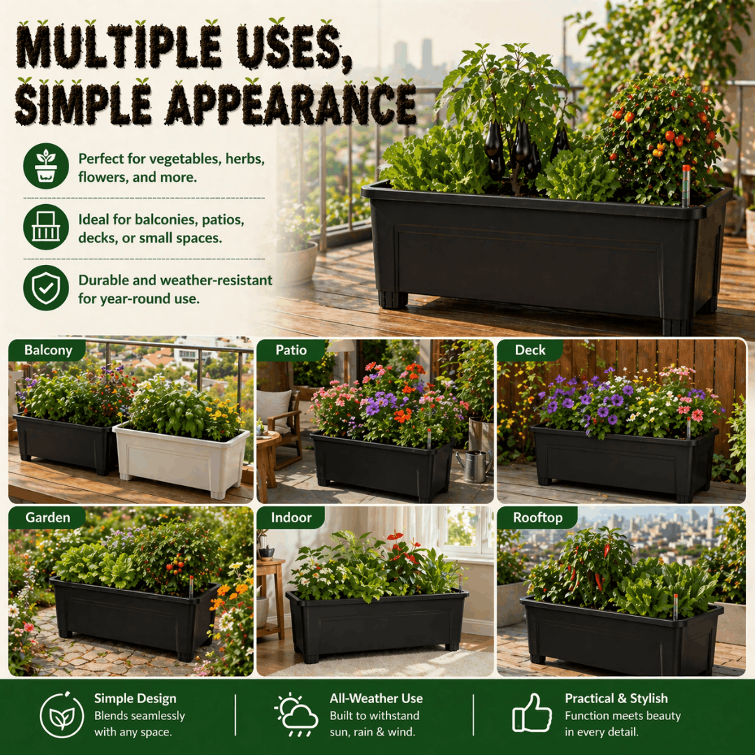 Self-watering planter box shown for balcony, patio, deck, indoor, garden, and rooftop use