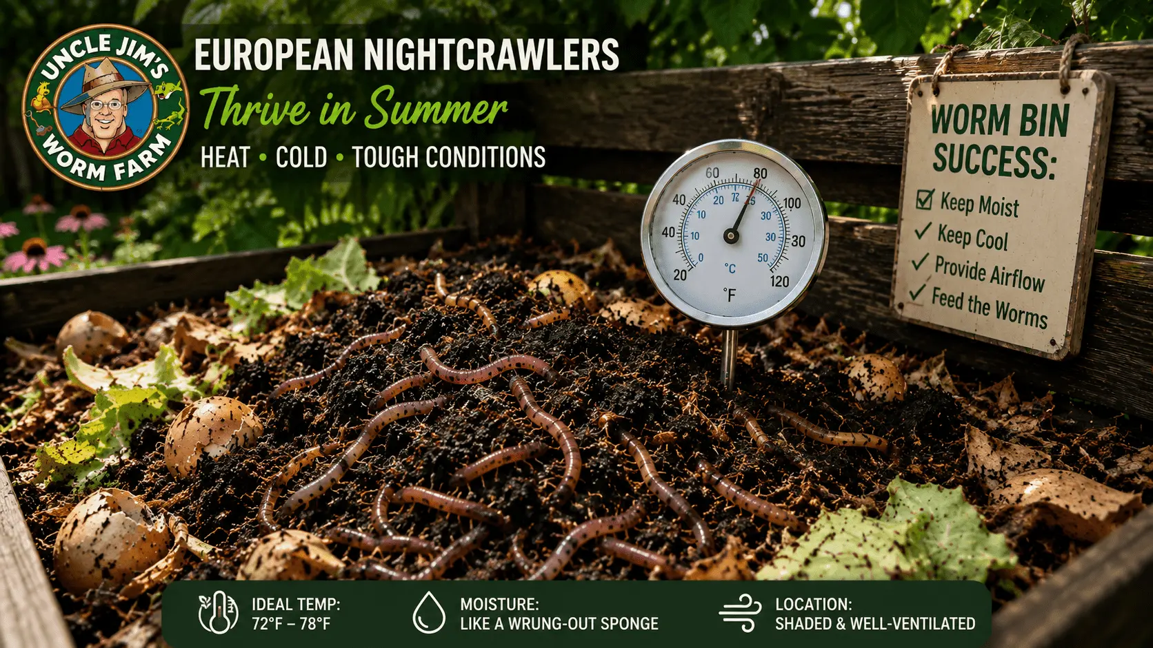 European Nightcrawlers in hot weather thriving in an outdoor compost bin