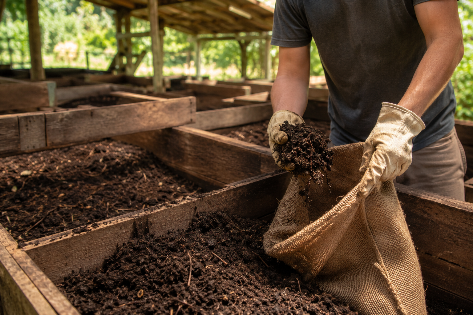 Person scooping bulk worm castings into a sack at a small composting operation