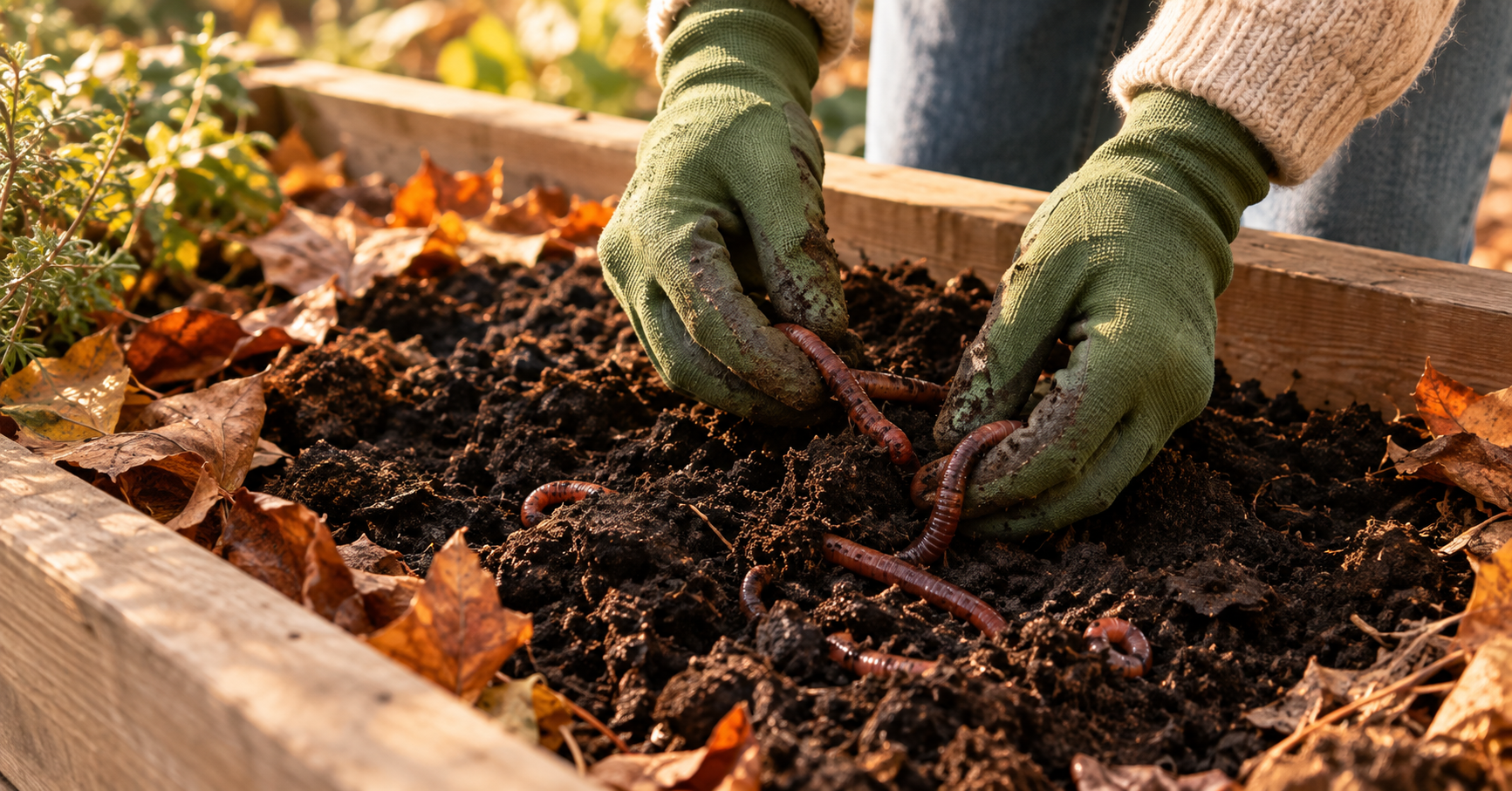 Hands placing European nightcrawlers into garden soil covered with autumn leaves