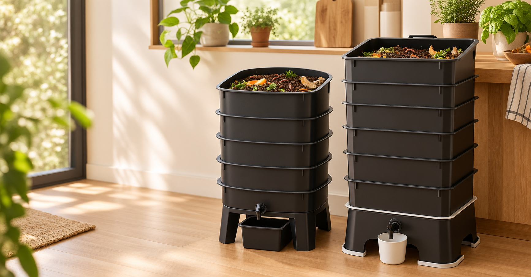 Two stacking worm bins like the Worm Factory 360 and Worm Box side by side in a home kitchen